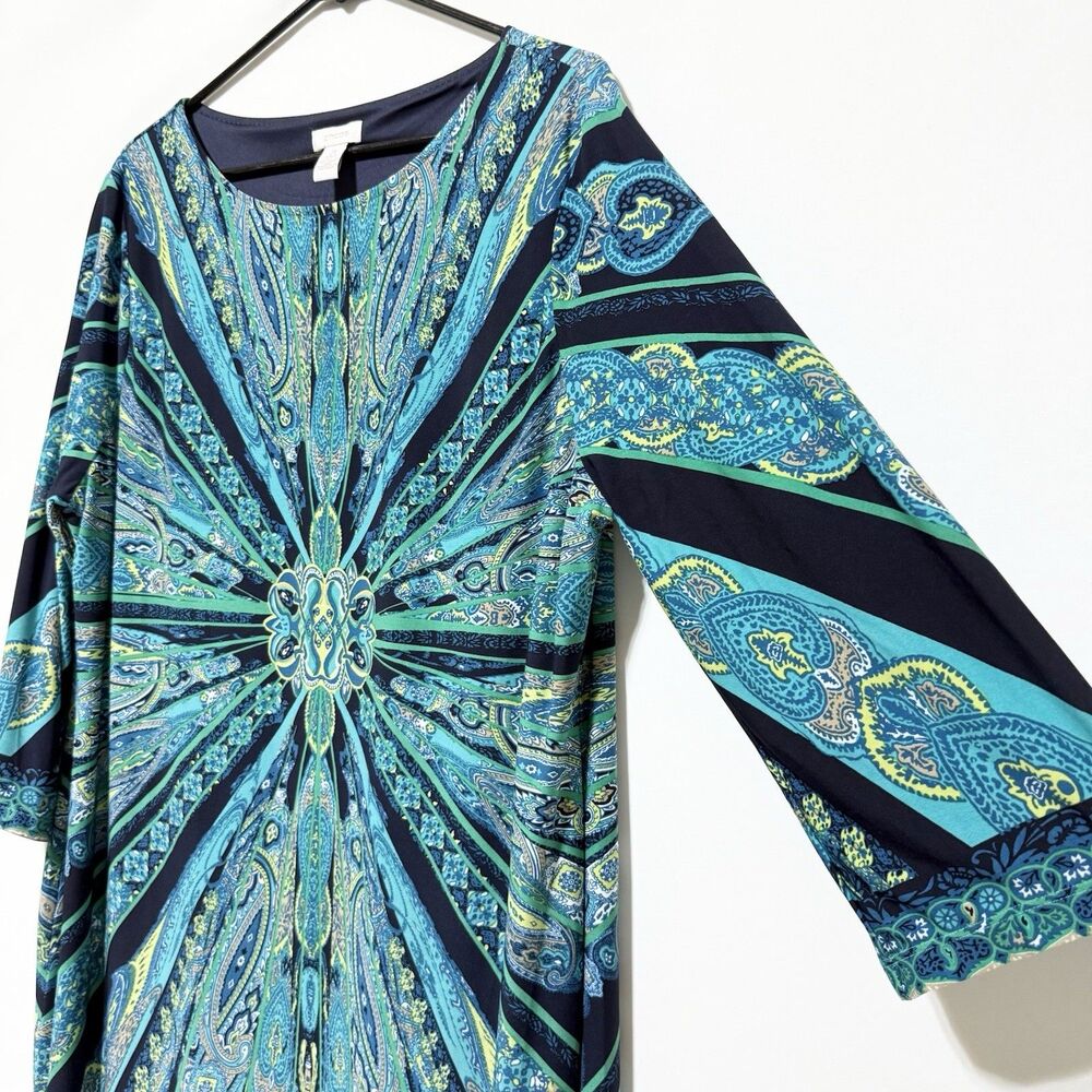 Chico’s Blue Green Paisley Print 3/4 Sleeve Dress Size 3/ XL - Picture 5 of 11